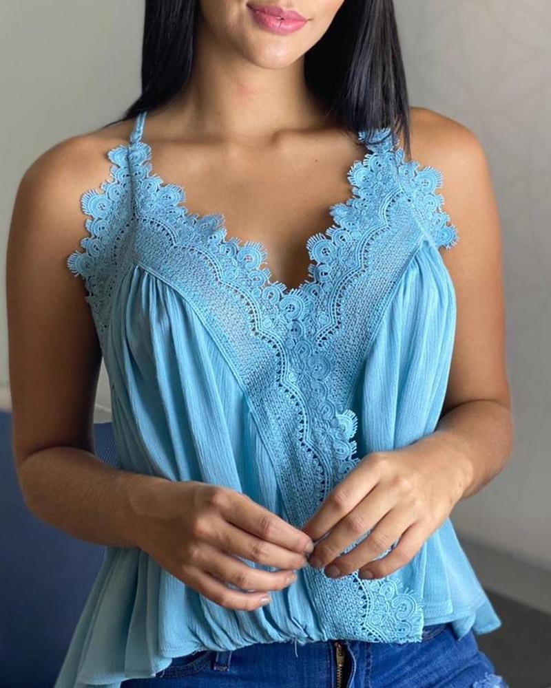 

Plain Lace V Neck Spaghetti Strap Tank, Blue