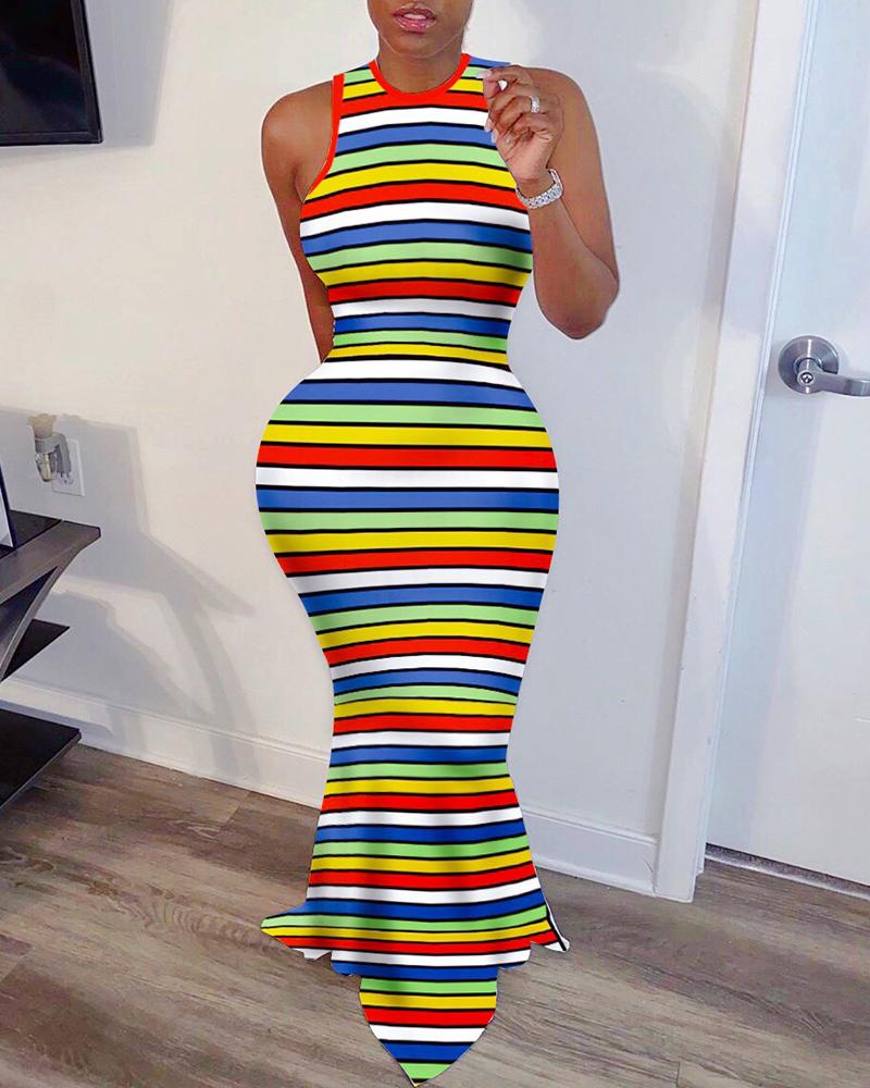 

Striped Colorblock Sleeveless Ribbed Maxi Dress, Multicolor