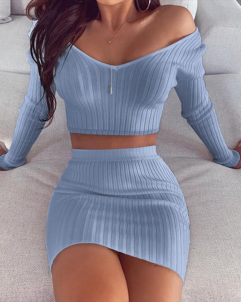 

Solid Ribbed Crop Top & Skirt Sets, Light gray
