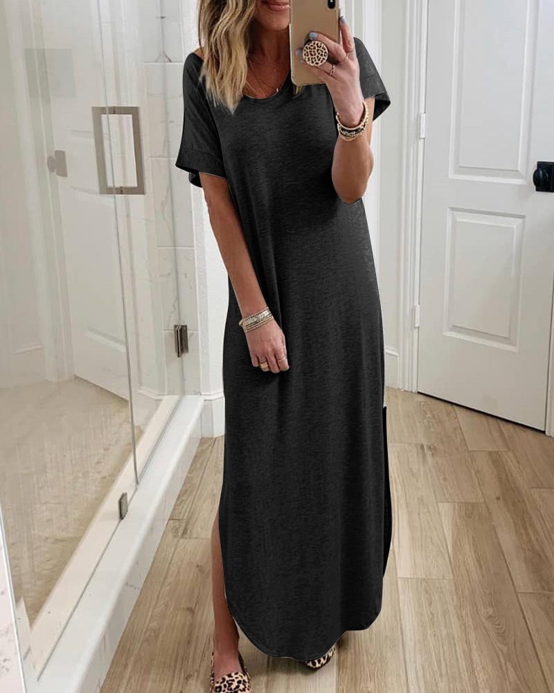 

Short Sleeve Side Slit Casual Maxi Dress, Black