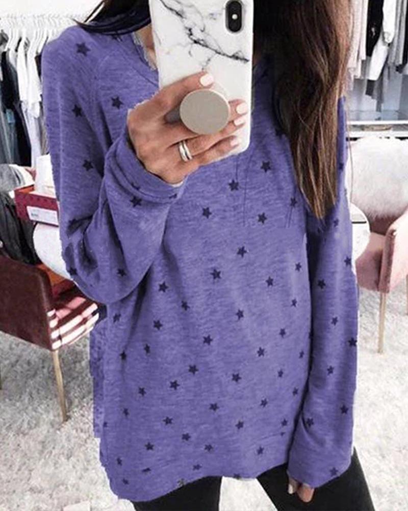 

Oversized Long Sleeve Star Pattern Top, Purple