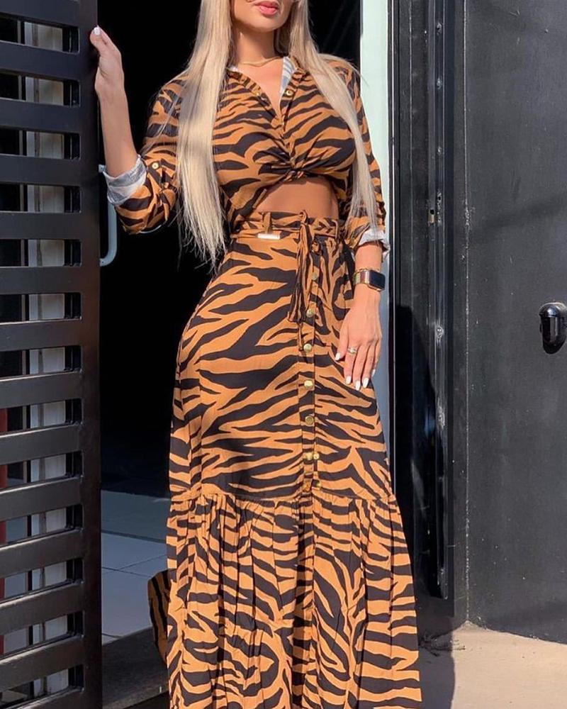 

Leopard Print Long Sleeve Crop Top & Skirt Set, Dark brown