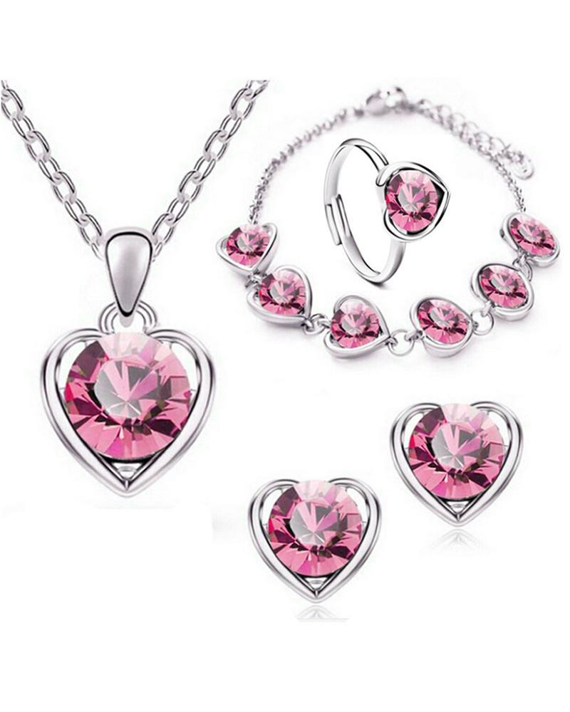 

4PCS Heart Shaped Rhinestone Pendant Necklace & Earrings & Bracelet Set, Pink