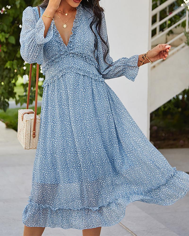 

Frill Hem Ditsy Floral Print Casual Dress, Blue
