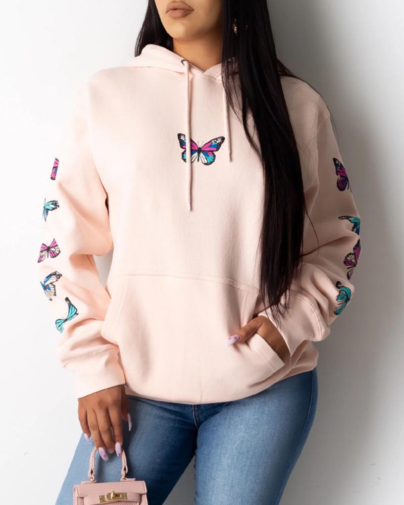 

Butterfly Print Pocket Design Hooded Sweatshirt, Pink