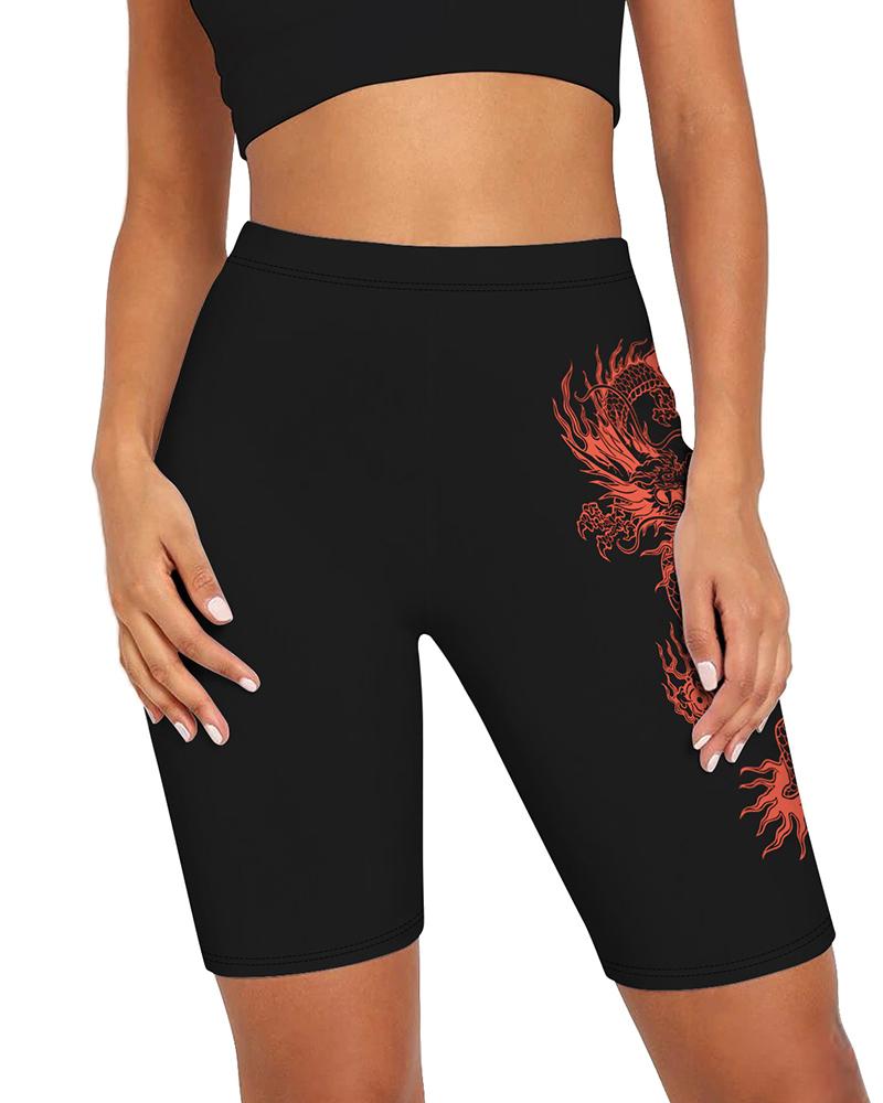 

High-Rise Dragon Print Fitted Biker Shorts, Black