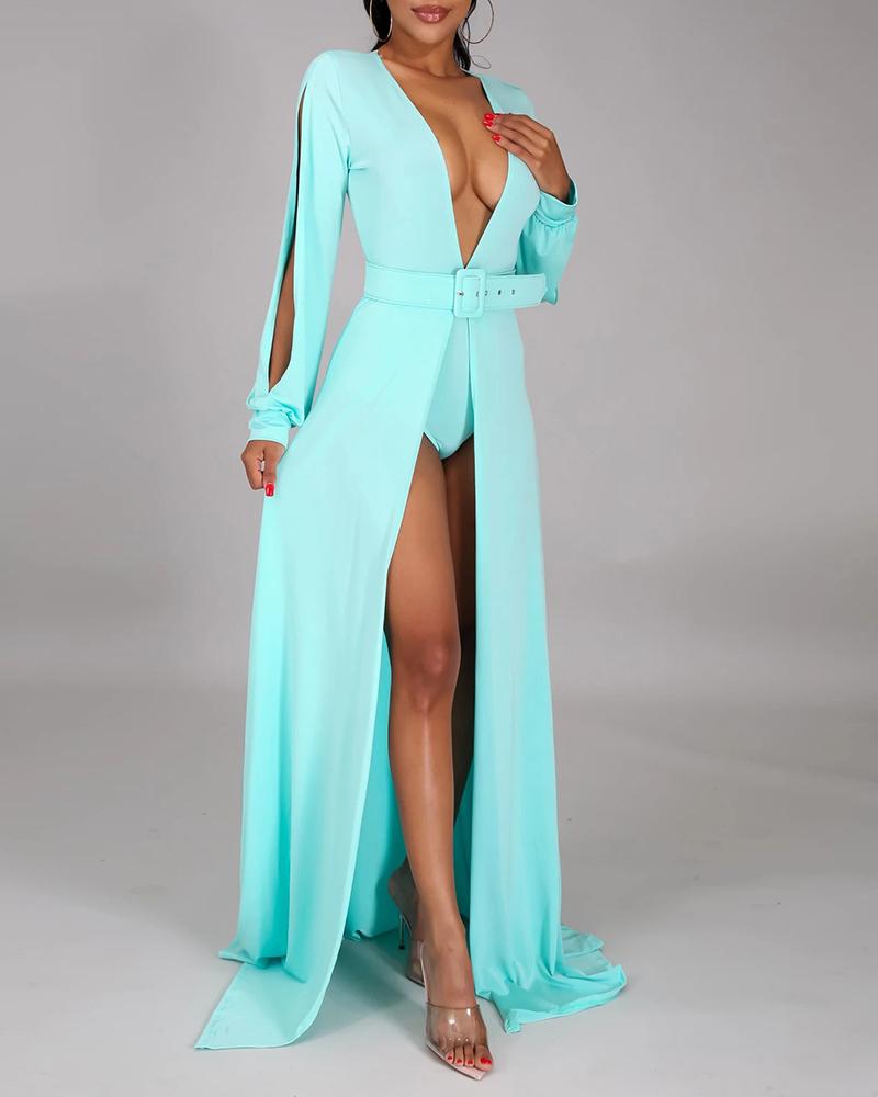 

Plunge Cutout High Slit Maxi Dress With Panty, Light blue