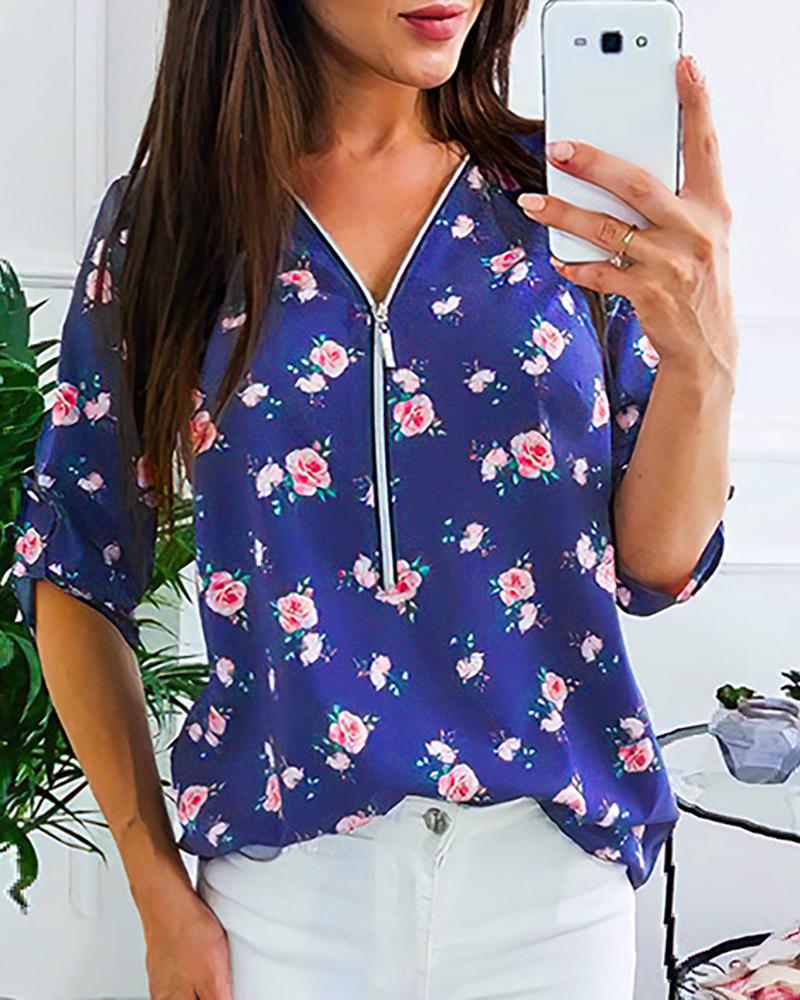 

Floral Print Zipper Front Chiffon Women Top, Blue