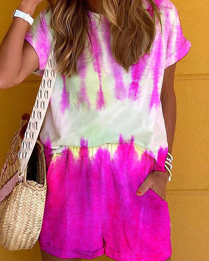 

Tie Dye Short Sleeve Loose T-shirt With Shorts Suit Sets, Hot pink
