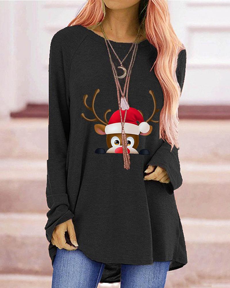 

Christmas Reindeer Print Long Sleeve Top, Black