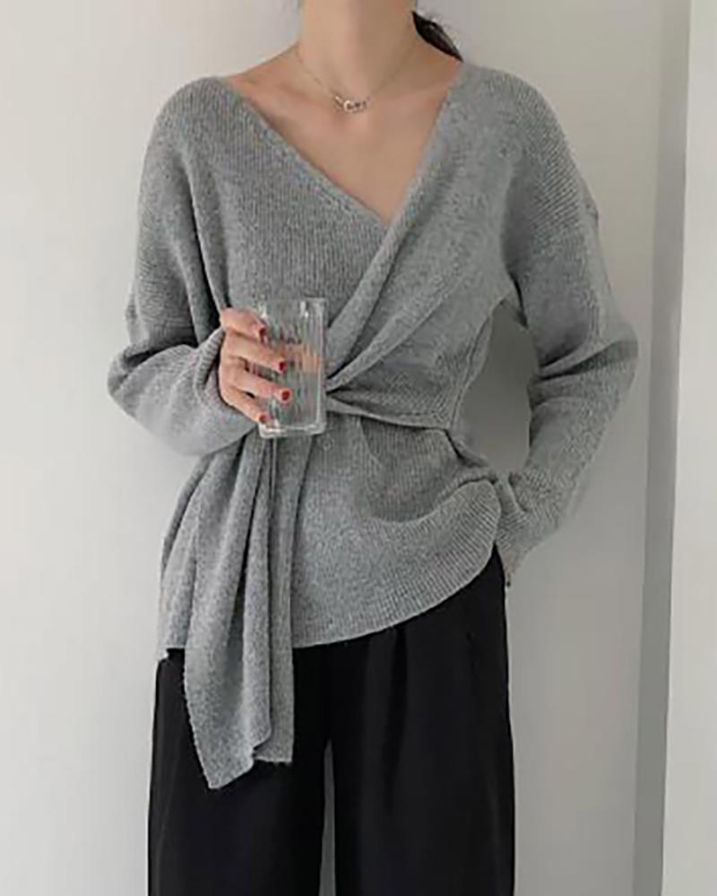 

Long Sleeve Knotted Casual Sweater, Gray