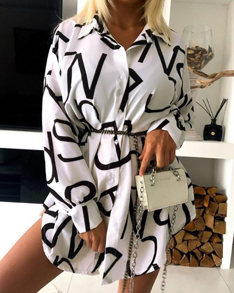 

Letter Print Long Sleeve Shirt Dress, White