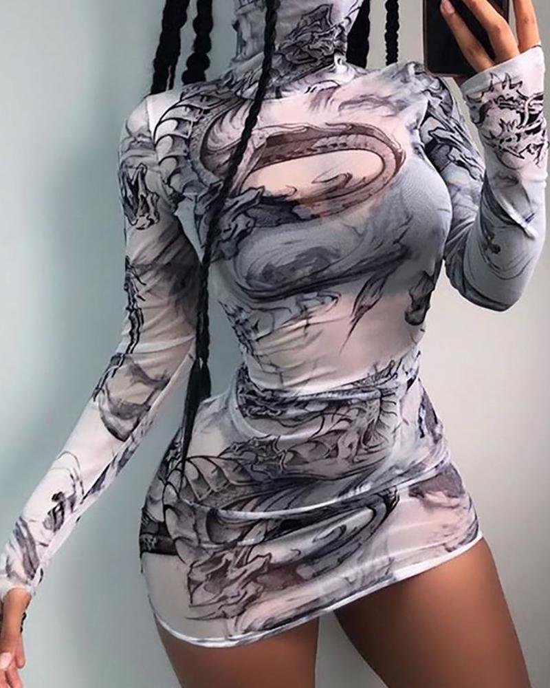

High Neck Print Bodycon Dress, Gray