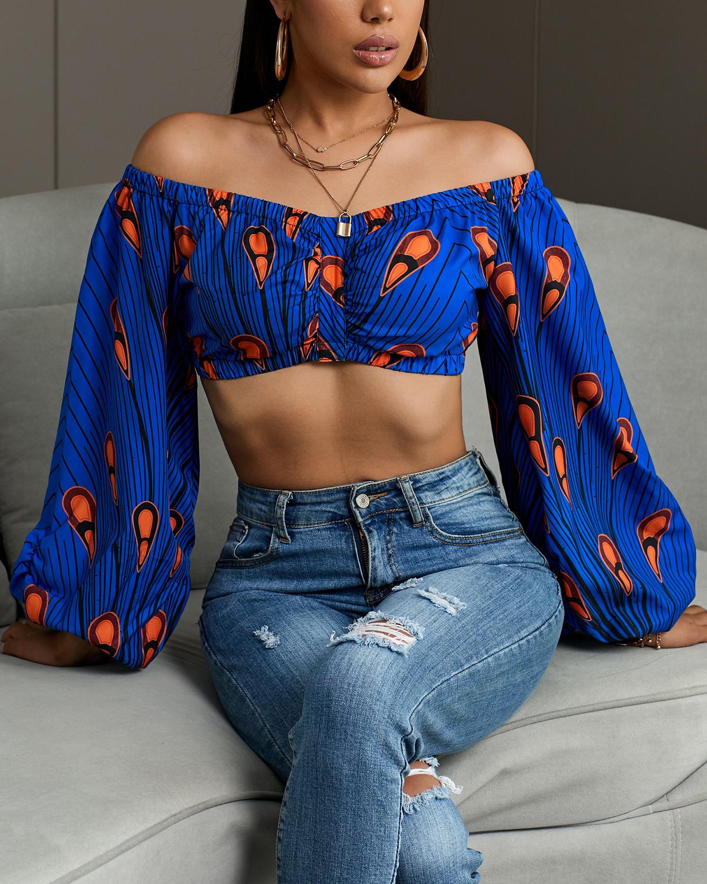 

Print Off Shoulder Lanern Sleeve Crop Top, Blue
