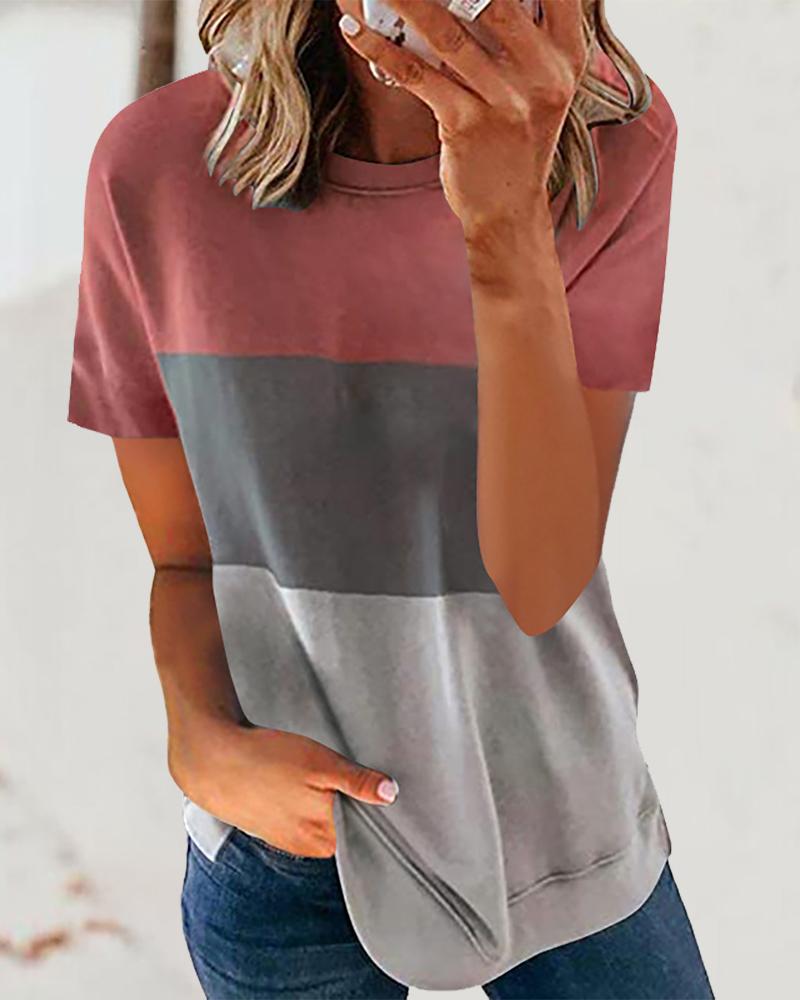 

Colorblock Short Sleeve Casual T-shirt, Pink