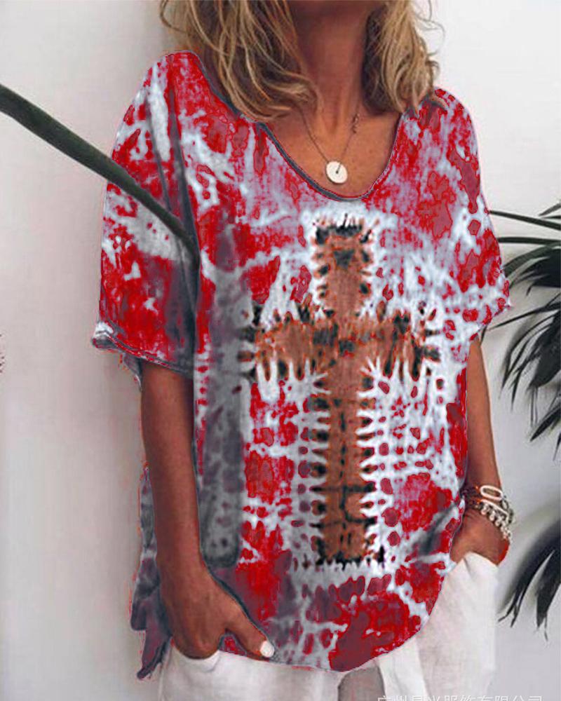 

Cross Patterns Print Short Sleeve Loose T-shirts, Red