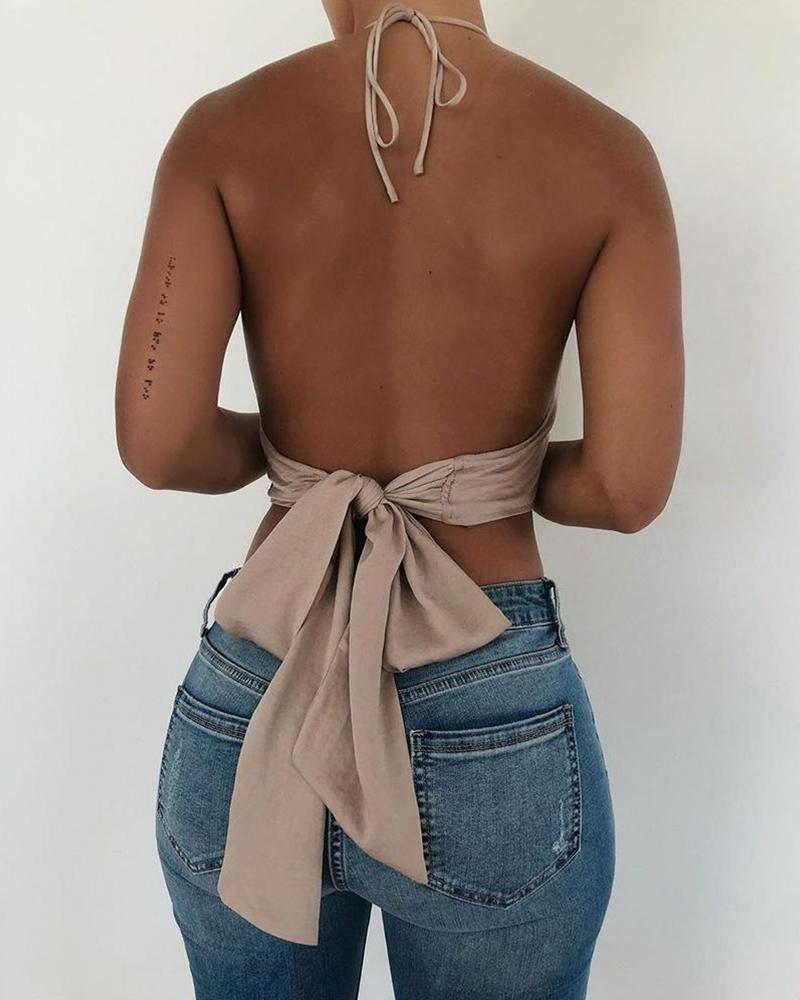 

Solid Color Backless Bowknot Sleeveless Top, Coffee