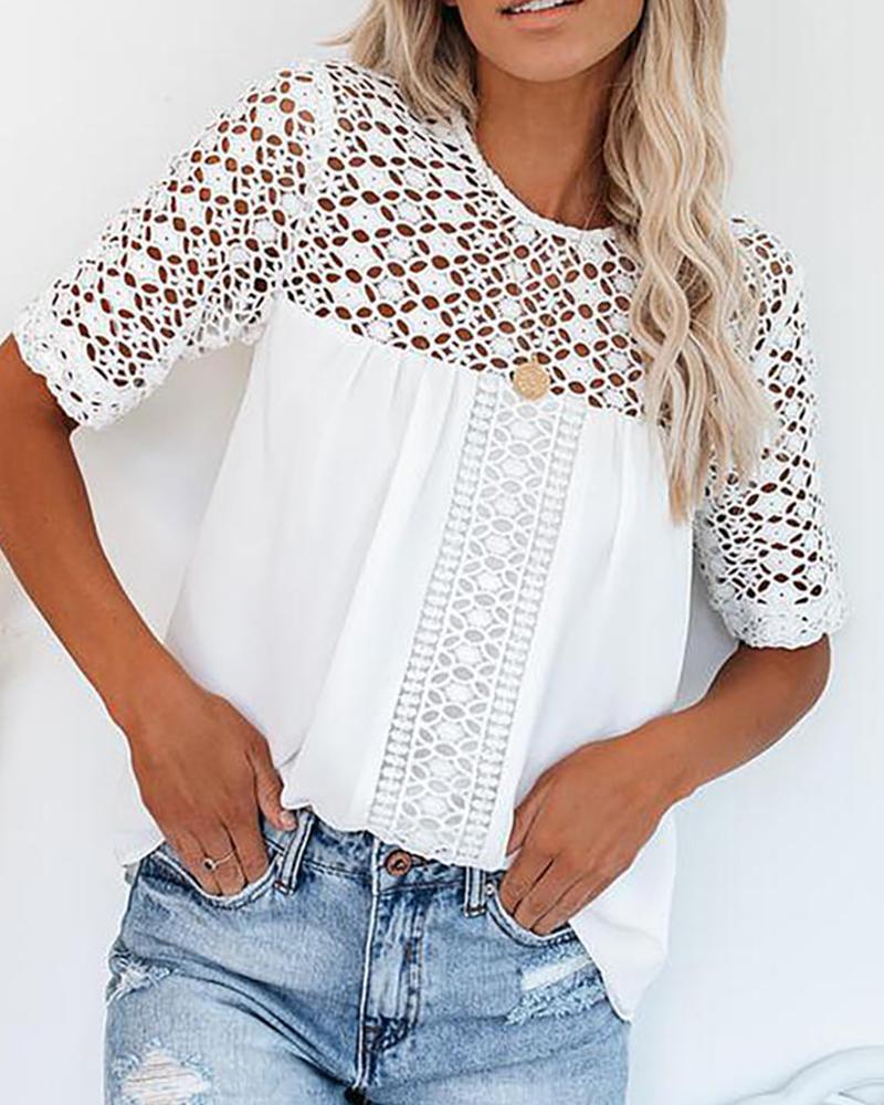

Plain Lace Round Neck 1/2 Sleeve Hollow Out Casual Blouse, White