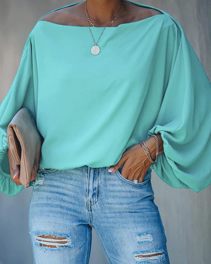 

Lantern Sleeve Plain Casual Blouse, Green