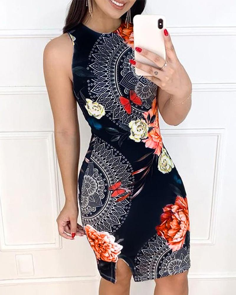 

Floral Print Halter Sleeveless Slit Dress, Black