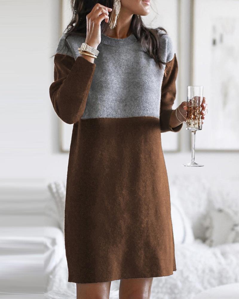 

Colorblock Long Sleeve Casual Midi Dress, Khaki