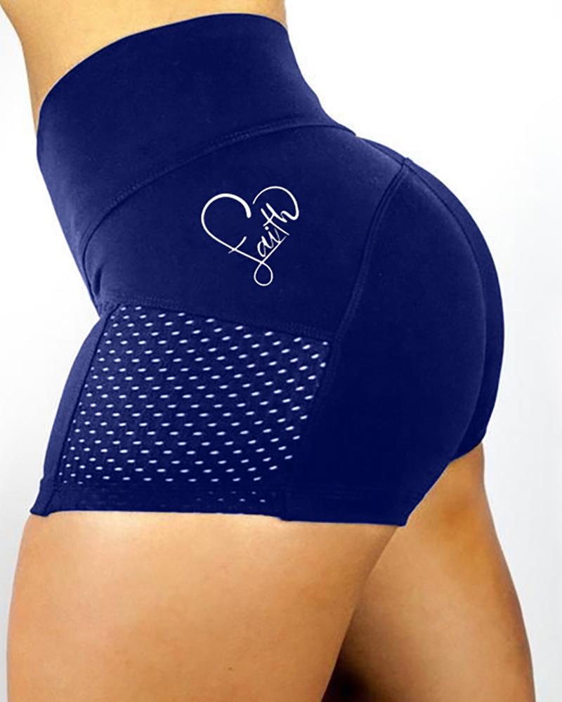 

Butt Lifting Booty Yoga Shorts Hollow Out Letter Heart Print Seamless Leggings, Dark blue