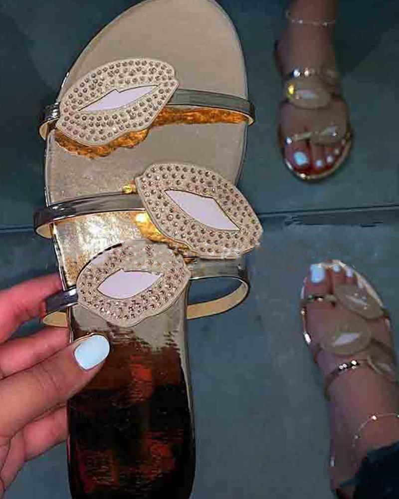 

Rhinestone Embellshed Slide Sandals, Khaki