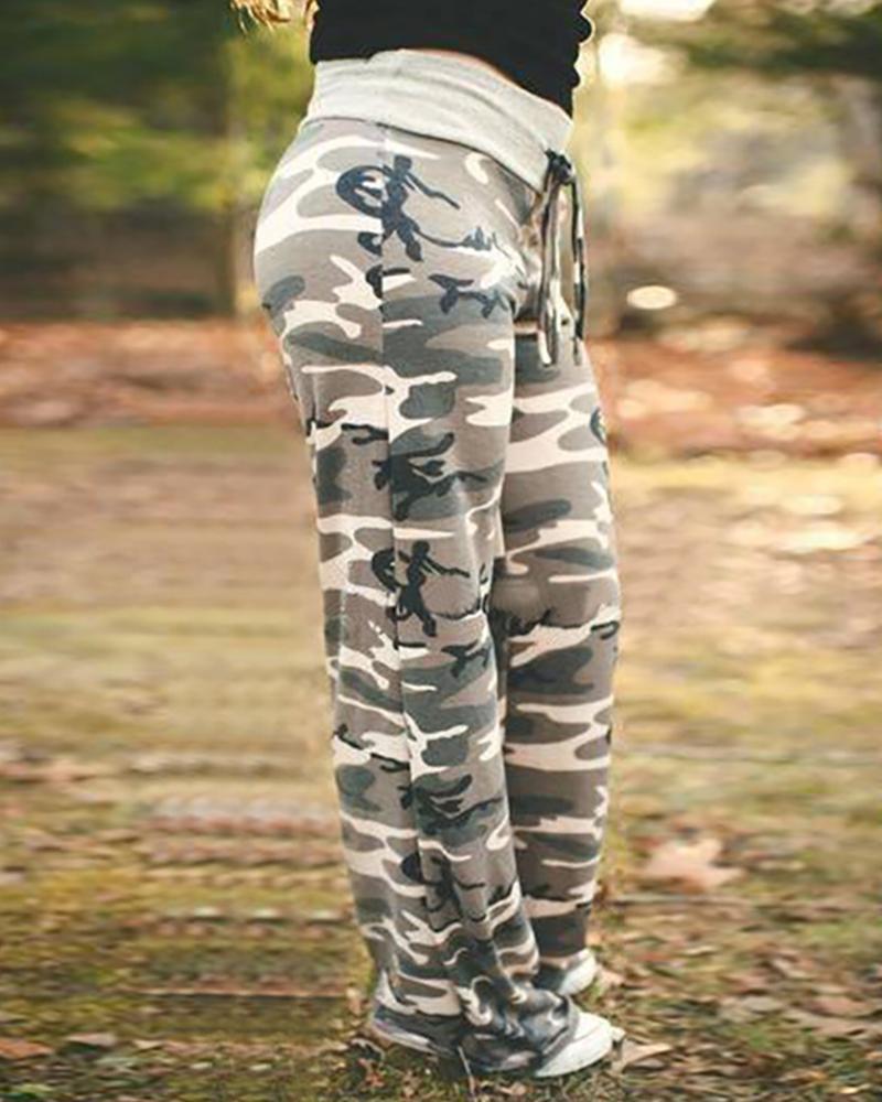 

Camouflage Print High Waist Casual Pants, Army green
