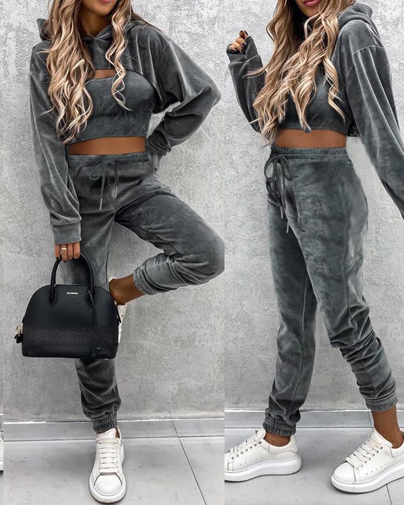 

Plain Crop Top & Hooded Coat & Pants Set, Black