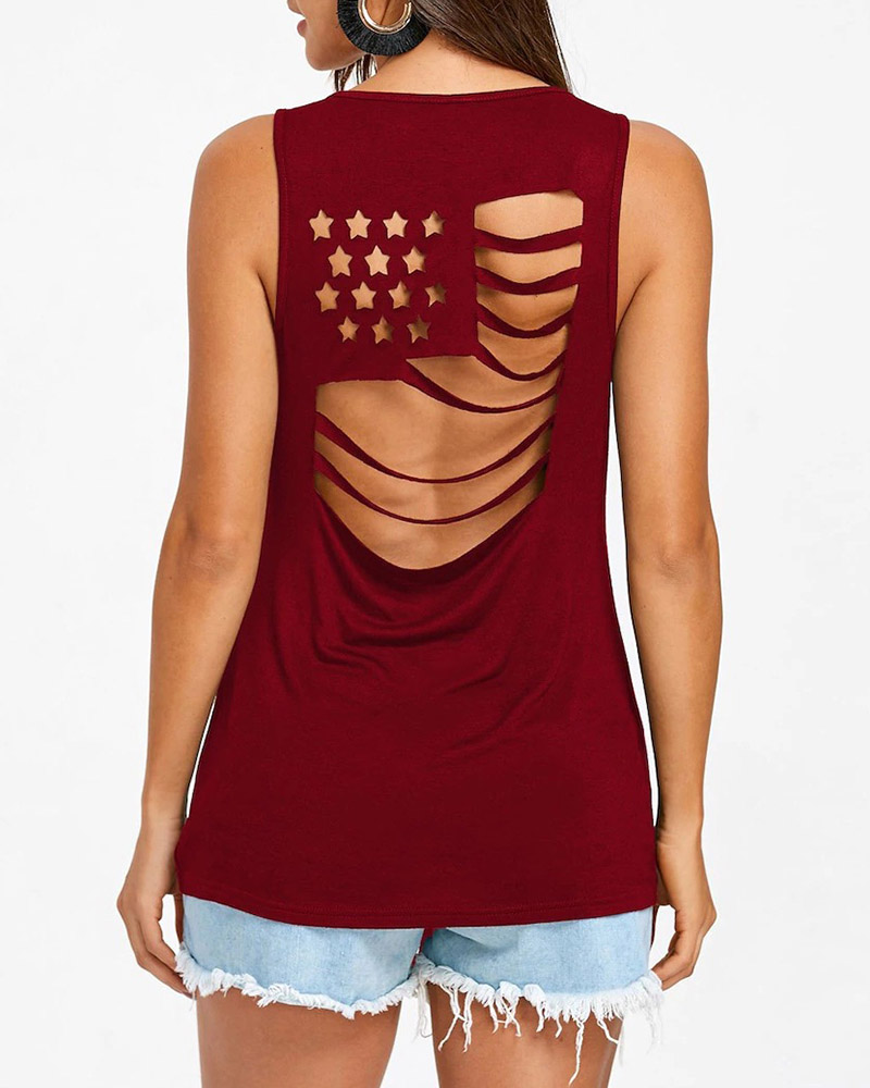 

Star Pattern Cutout Back Casual Tank Top, Wine red