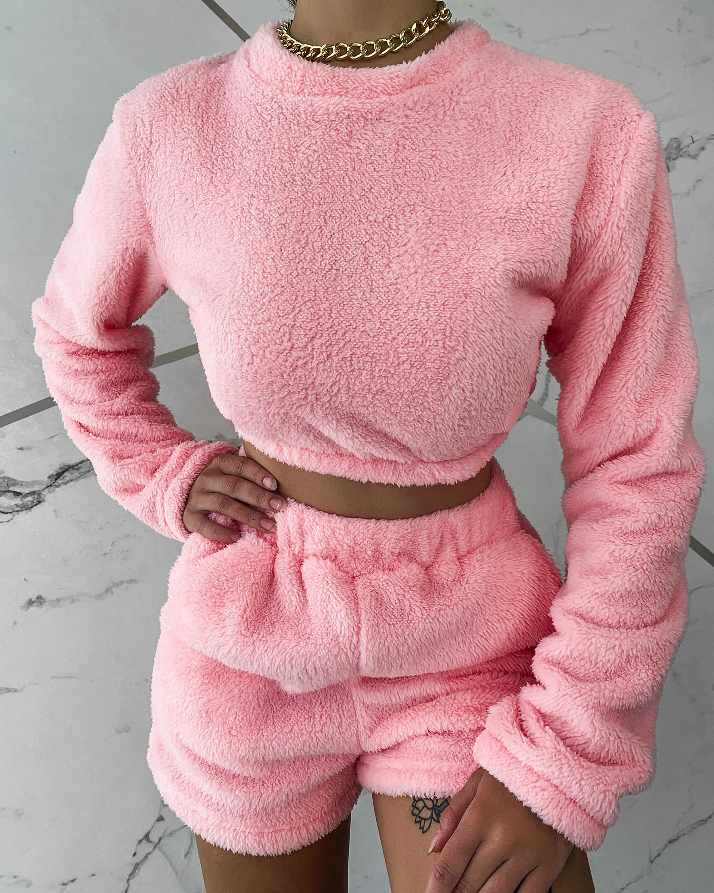 

Long Sleeve Lounge Teddy Top & Shorts Set, Pink