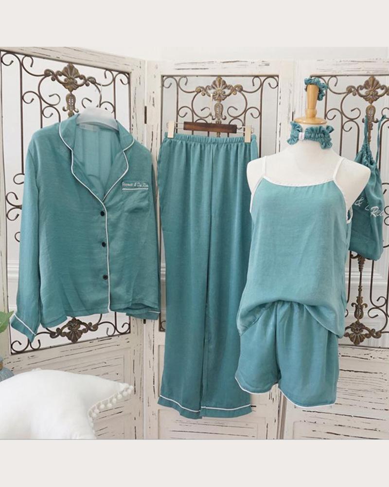 

Satin 7-Piece Pajama Set, Green