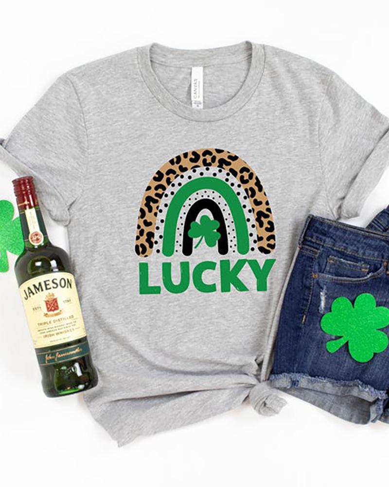

St.Patrick' Day Clover Letter Print Short Sleeve T-Shirt, Gray