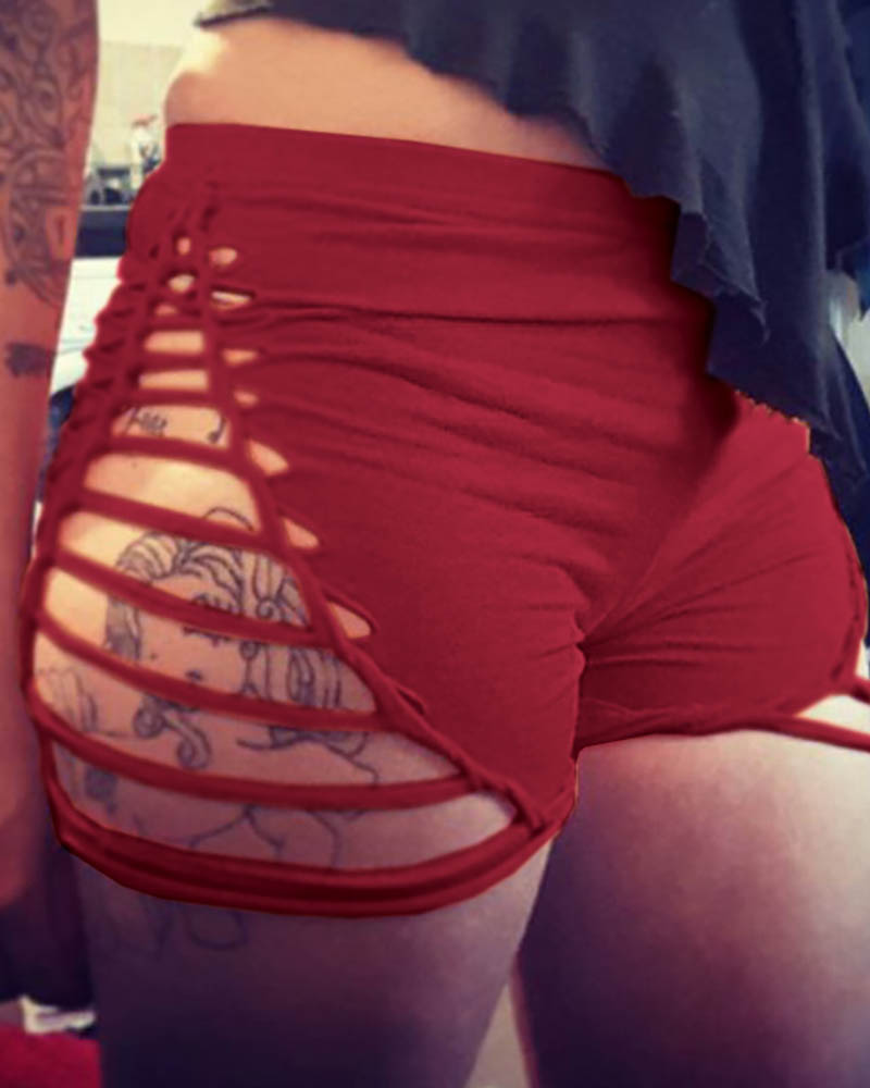 

Ladder Cutout High Waist Casual Shorts, Wine red