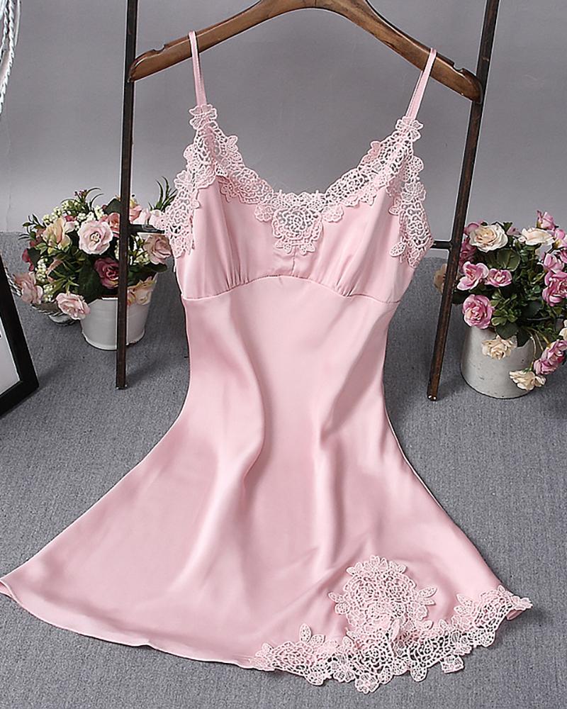 

Plain Spaghetti Strap Lace Trim Babydoll, Pink