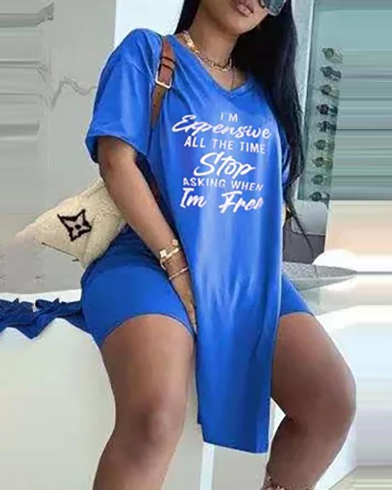 

Letter Print Slit V Neck Short Sleeve Top & Shorts Set, Blue