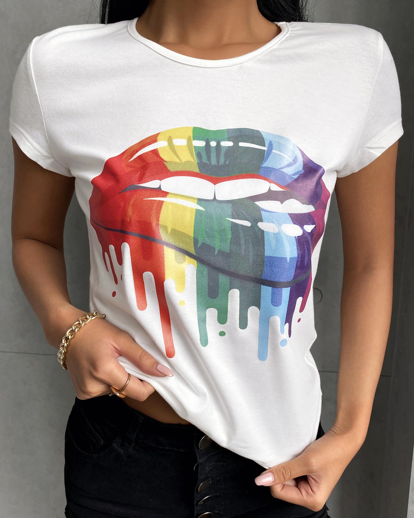 

Lip Print Round Neck Short Sleeve T-Shirt, White