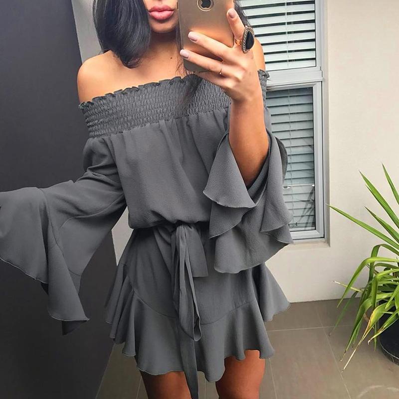 

Sexy Flare Sleeve Drop Hem Pleated Chiffon Casual Dress, White