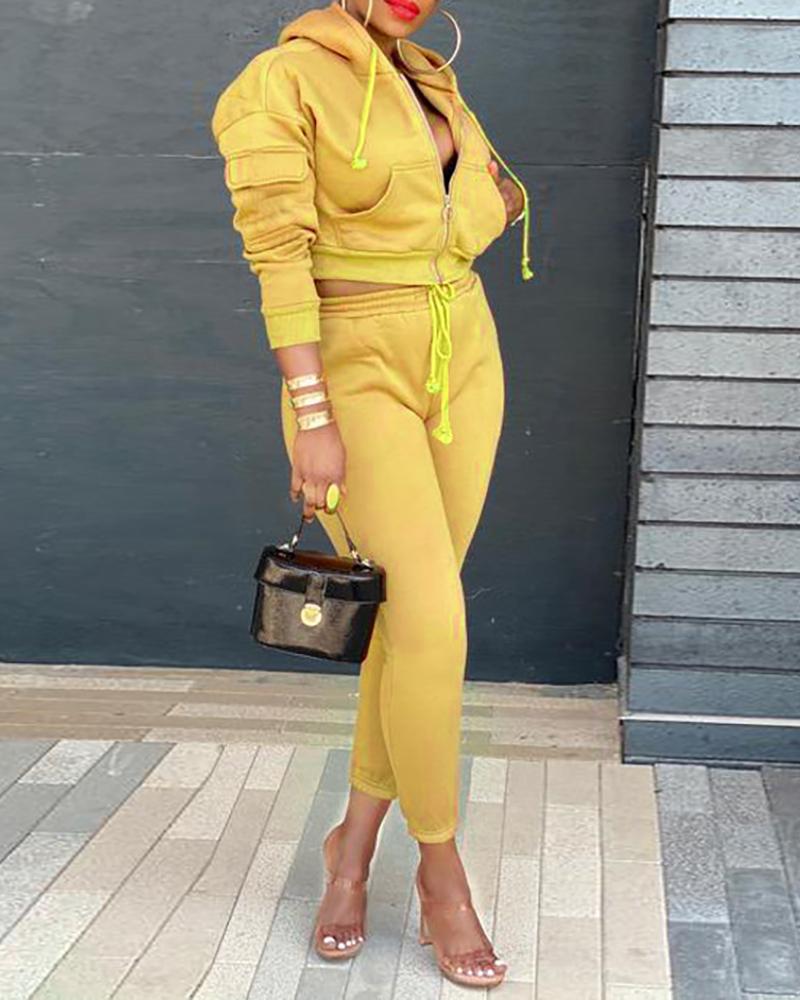 

Zipper Design Hooded Top & Drawstring Pants Set, Yellow