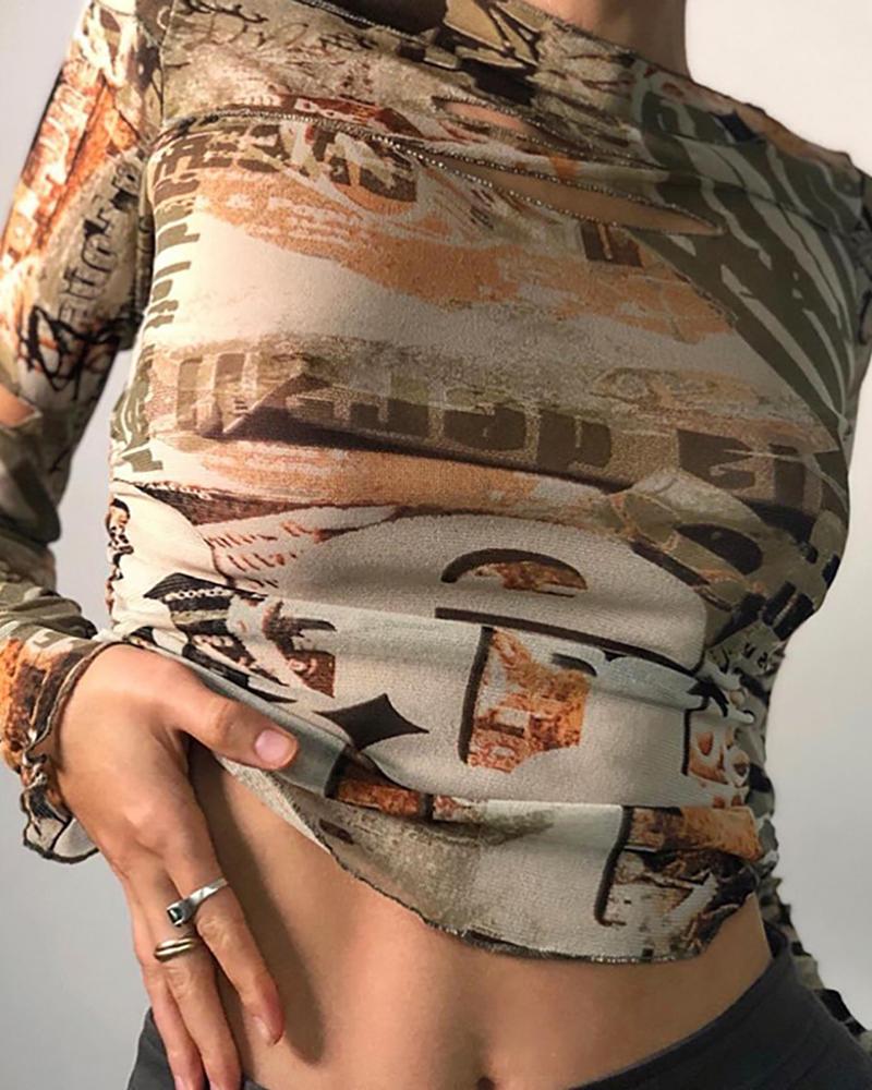 

All Over Print Cutout Long Sleeve Crop Top, Khaki