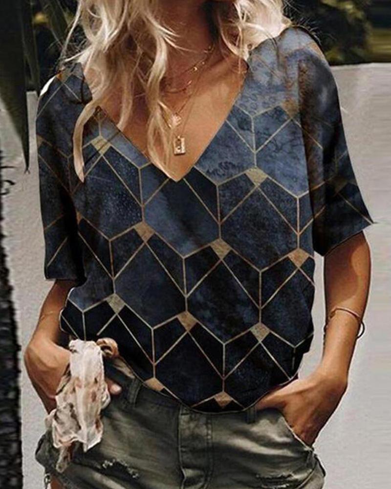 

Diamond Plaid Print Short Sleeve T-shirt, Dark blue