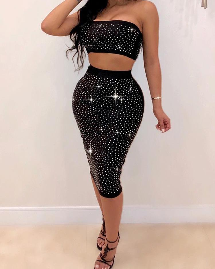 

Hot Drilling Package Hip Two-piece Dress, Black