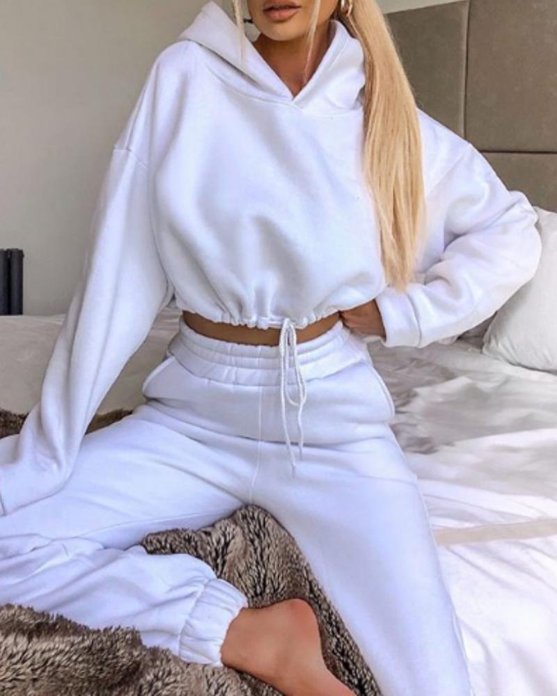 

Plain Drawstring Hooded Crop Top & Pocket Design Pants Set, White