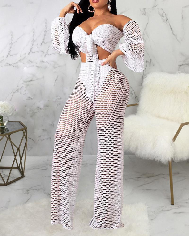 

Off Shoulder Front Tie Tops & See Through Mesh Fishnet Pants Bikini Cover Ups Set, White