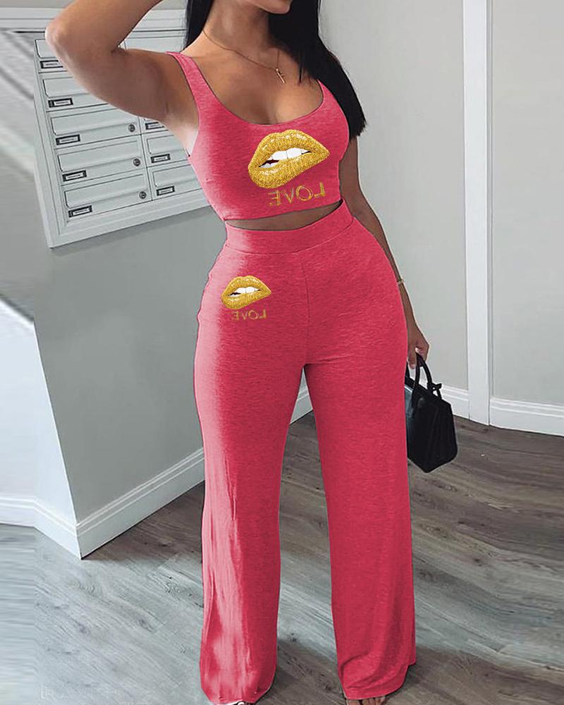 

Lip Pattern Crop Tank Top & Pants Set, Hot pink