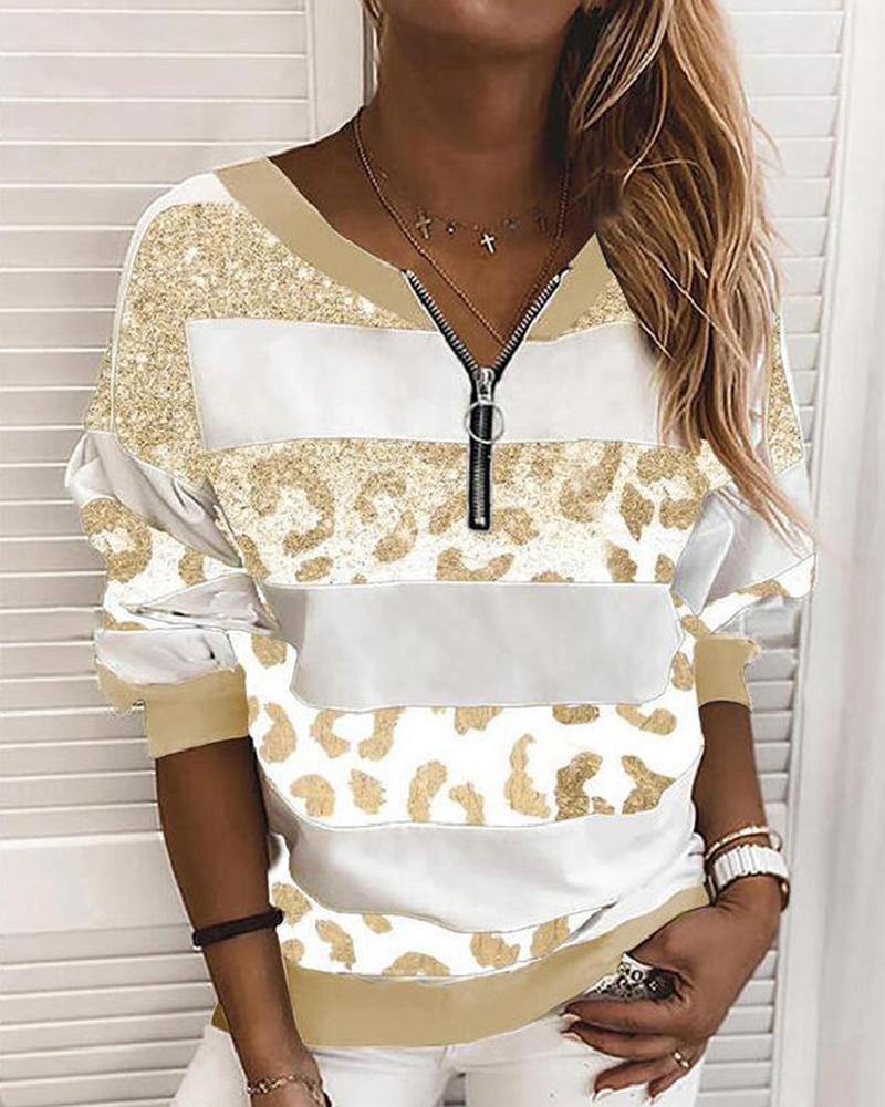 

Glitter Leopard Print Long Sleeve Sweatshirt, Khaki