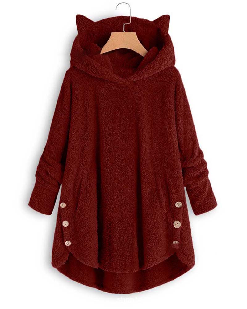

Plain Button Design Teddy Hooded Coat, Wine red