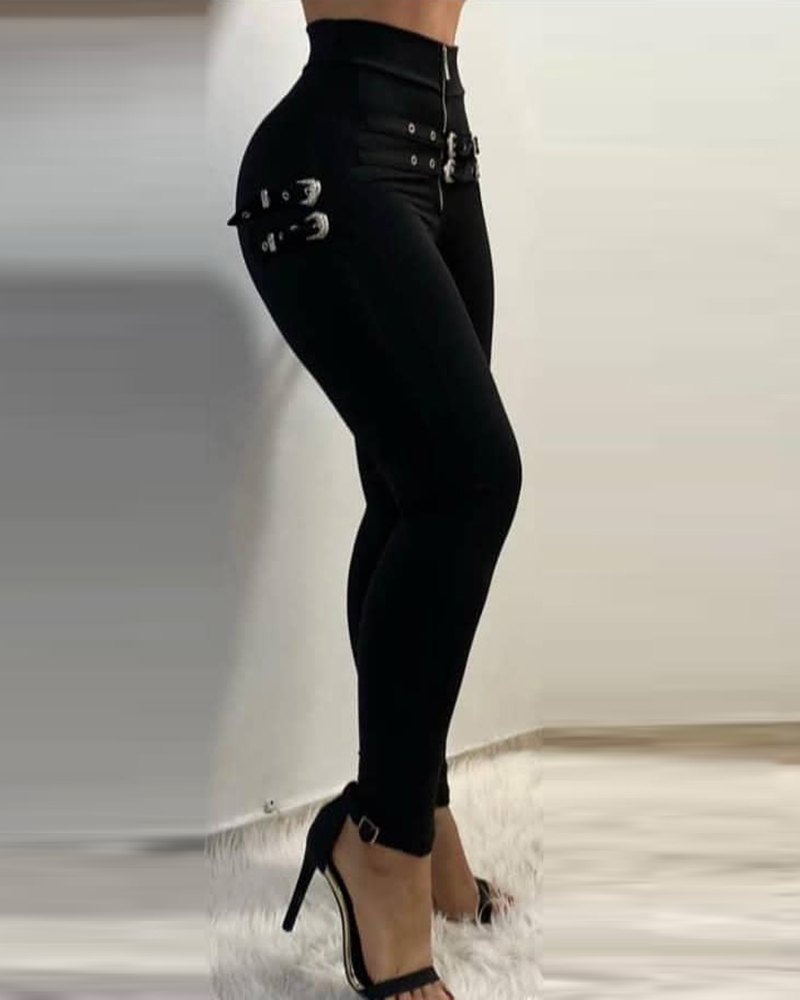 

Buckled Zipper Front High Waist Skinny Pants, Black