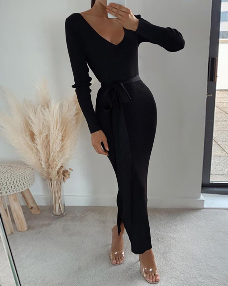 

Plain Sild Slit Plunge Long Sleeve Dress, Black
