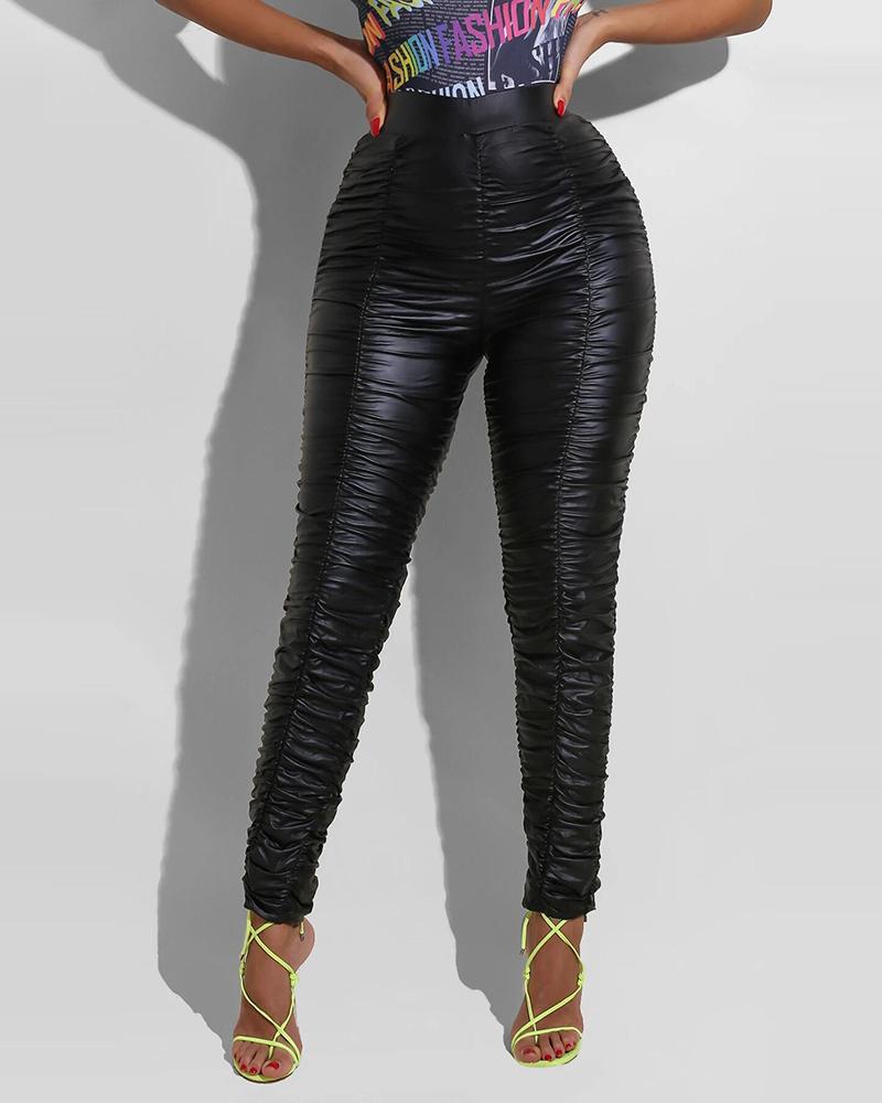 

High Waist Fold PU Leather Pants, Black